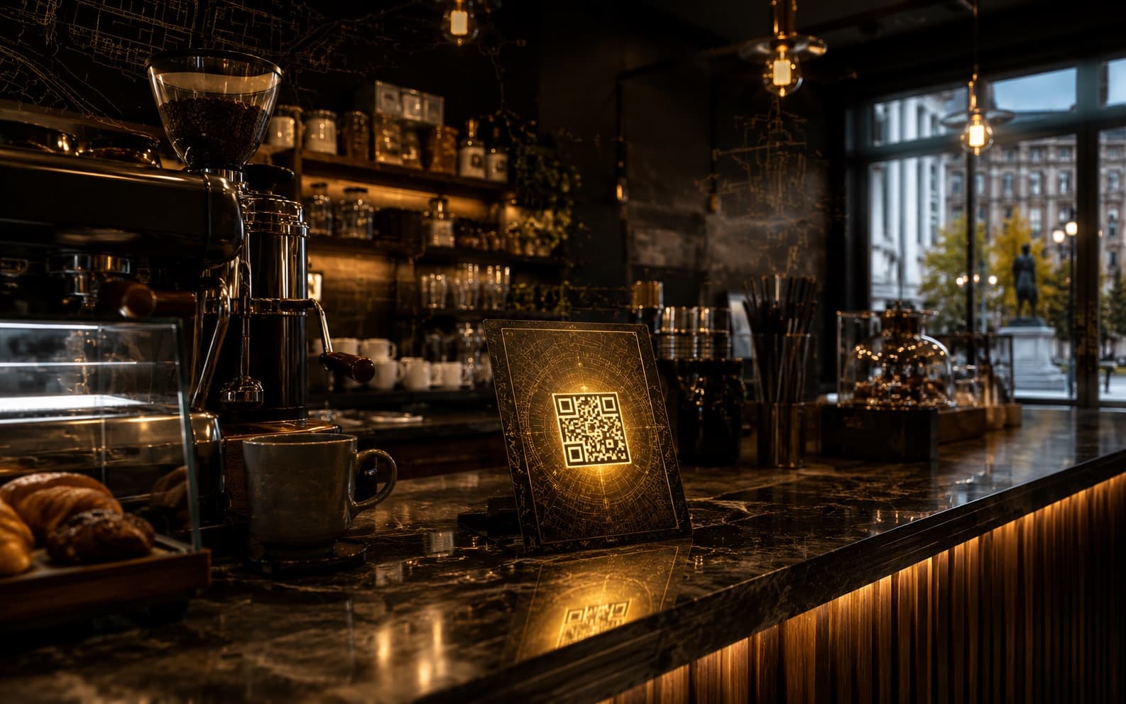 Glowing Canton Quests QR card in a coffee shop